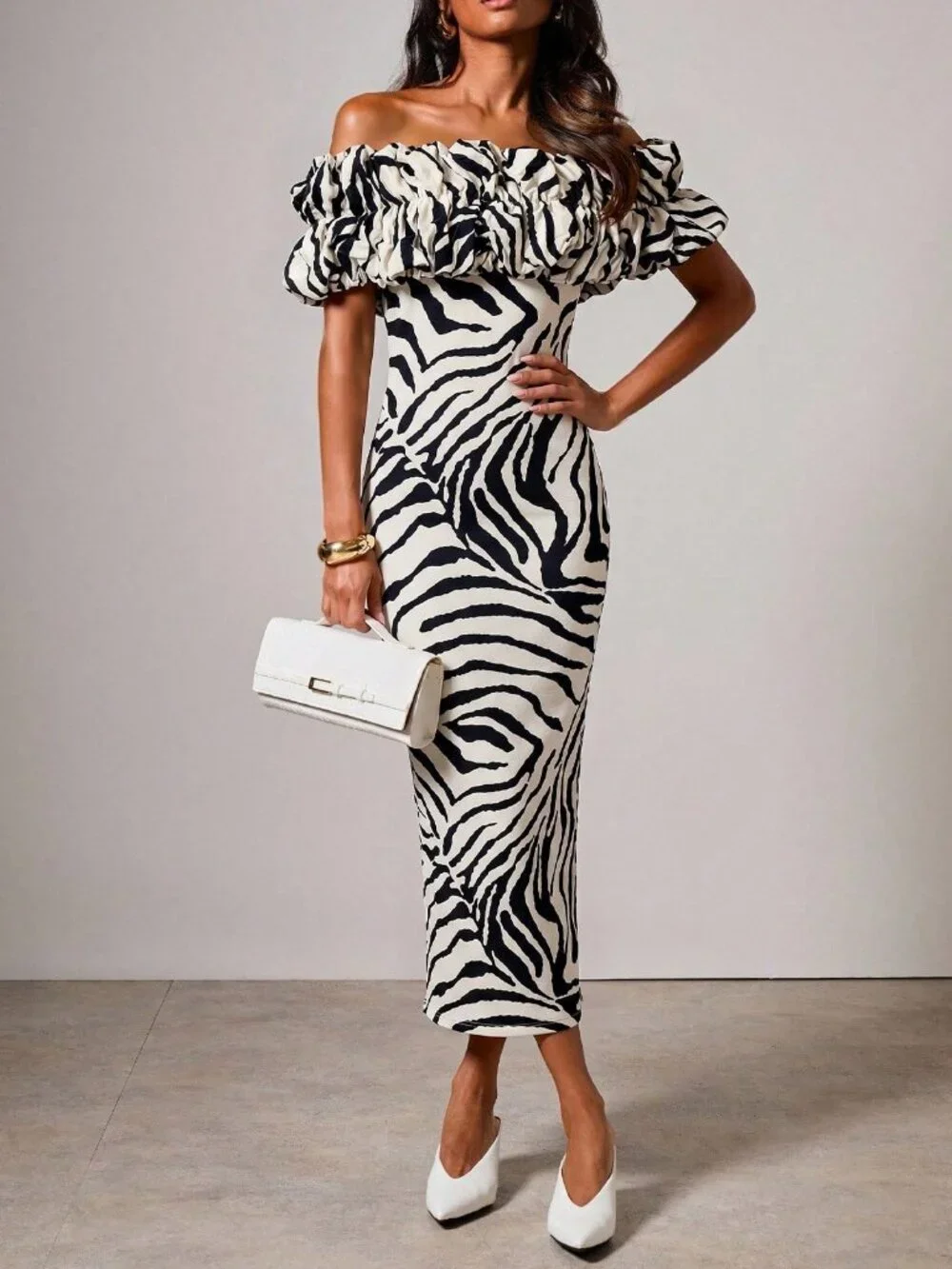 Elegant Women's Zebra Print Ruffle off shoulder design body fitted midi Dress - Picture 1 of 6